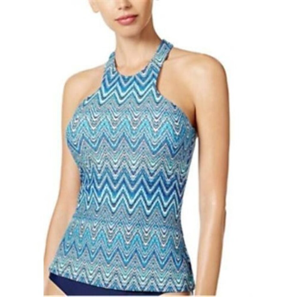 NWT Island Escape  6  ST. Martin High-Neck Swim Tankini Top Blue Chevron #87216